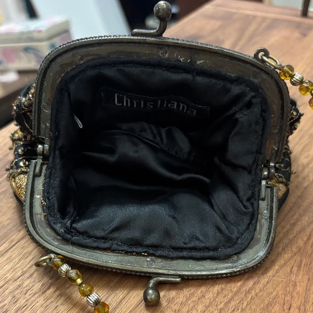 Vintage Christiana Black and Gold Floral Embroidered Clutch- beaded